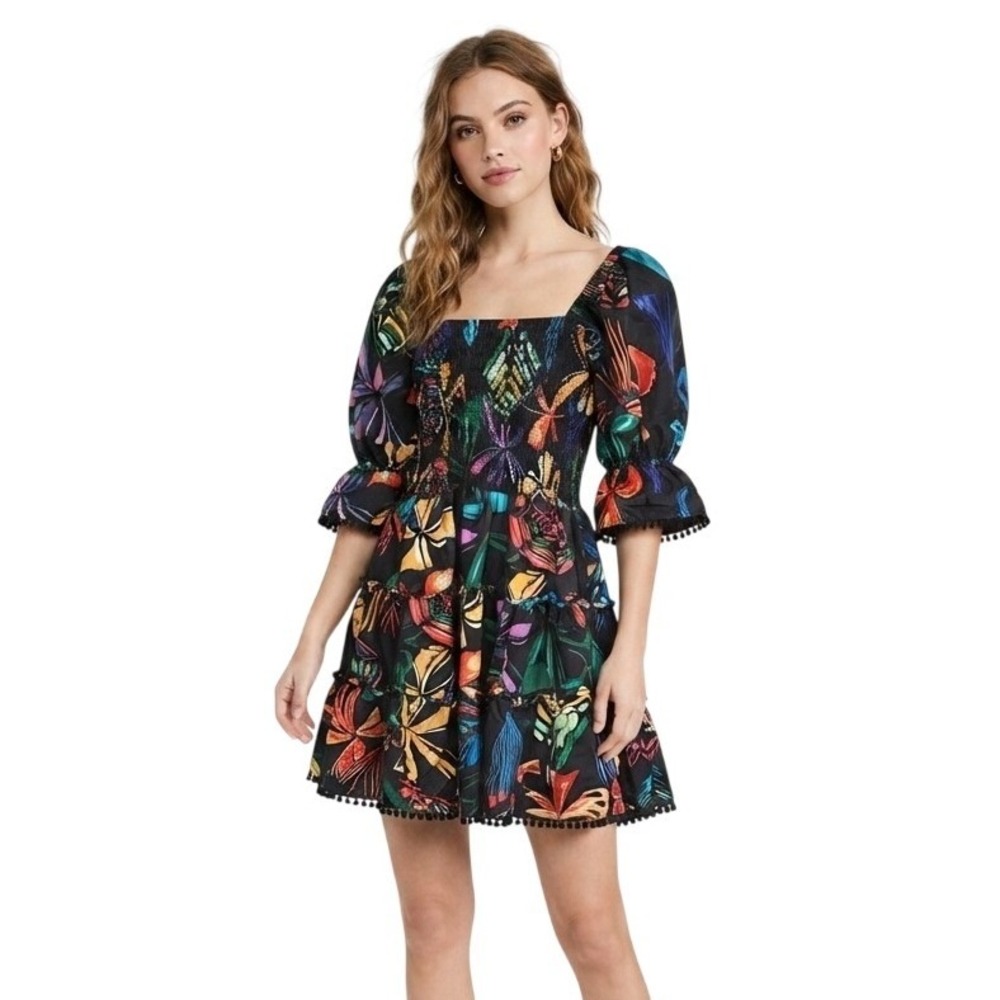 Kaimilan Women Size 8 Black Tropical Smocked Aline Squareneck Pom Pom Mini Dress